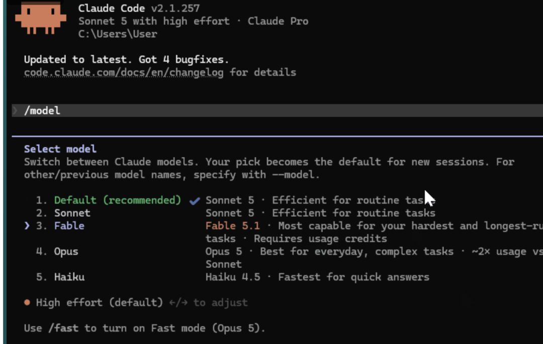 Claude Code 模型选择菜单中的 Fable 5.1 选项