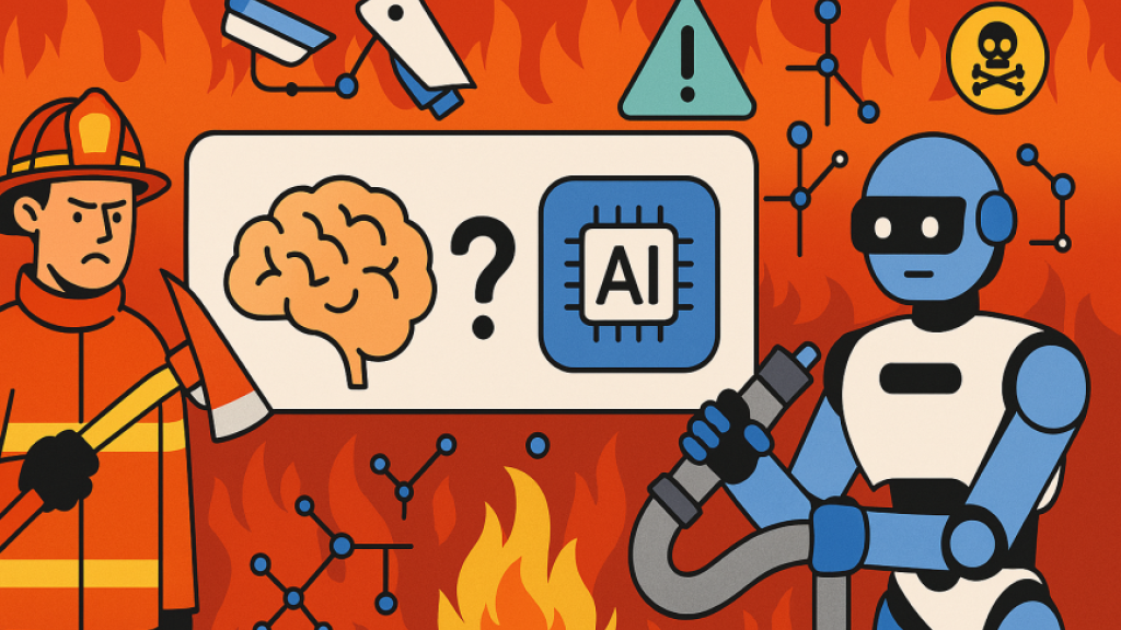 消防员与AI机器人共同应对危机的插画