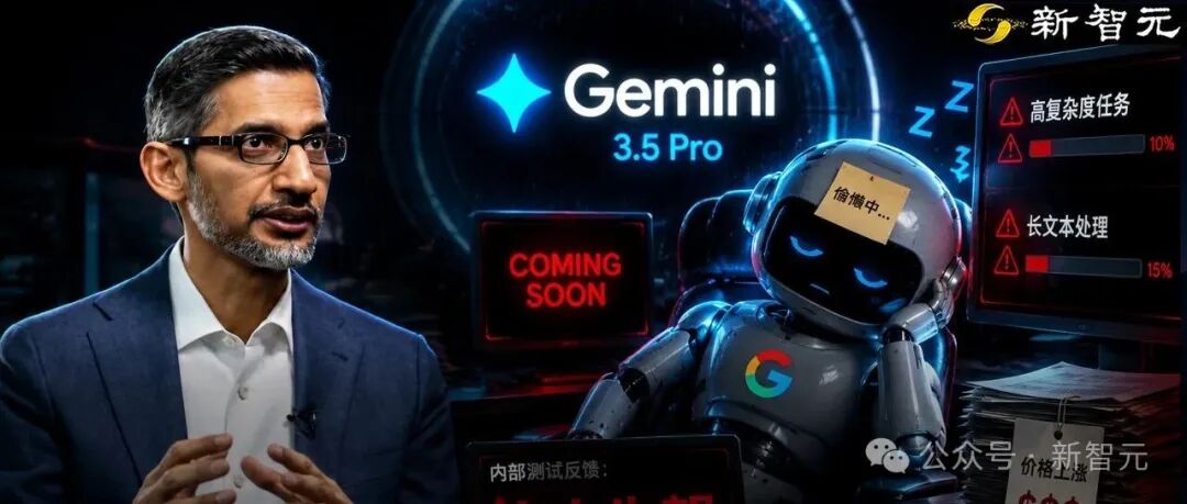 谷歌CEO与Gemini 3.5 Pro机器人,背景显示任务进度和内部测试反馈