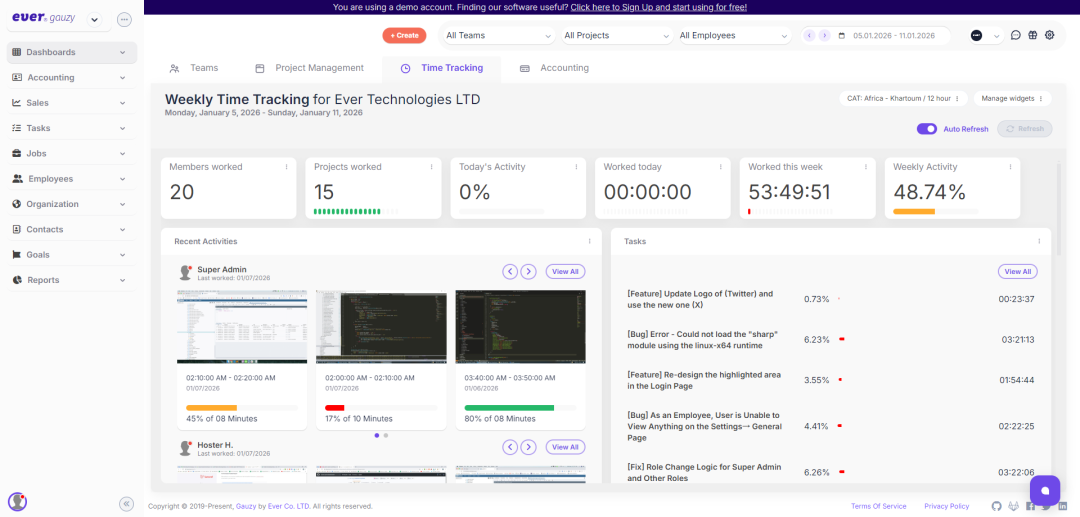 Ever Gauzy 周度时间跟踪与任务列表