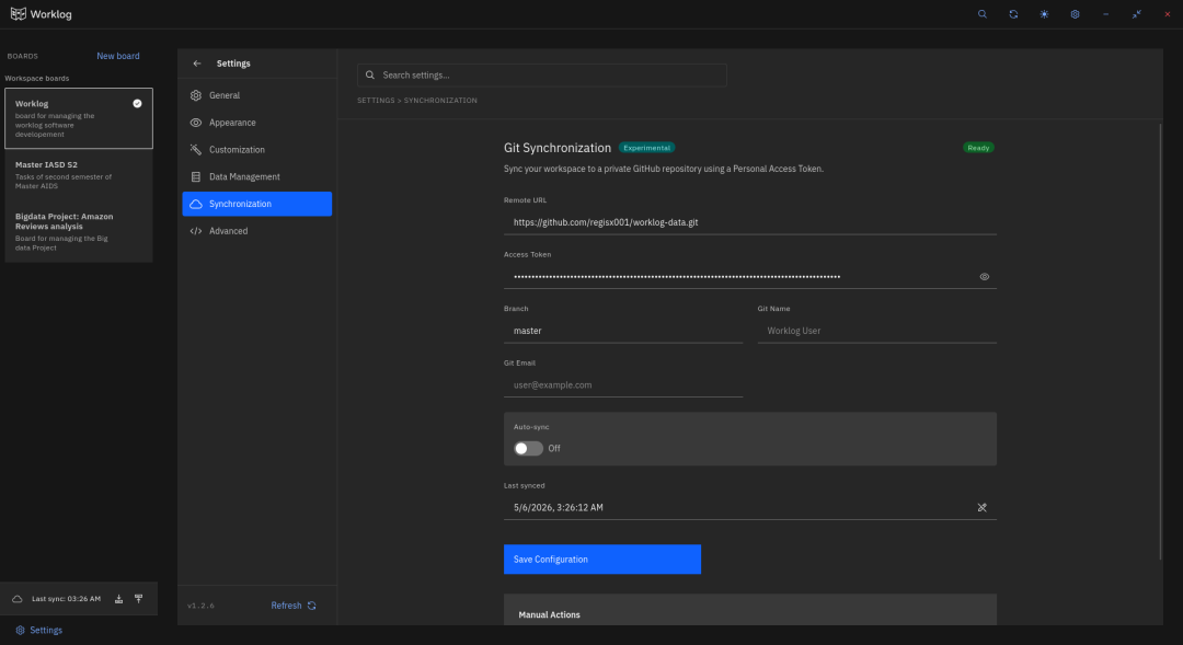Worklog Git 同步设置界面