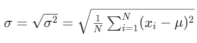 标准差σ的计算公式:σ = √σ² = √(1/N Σ(i=1 to N) (x_i - μ)²)