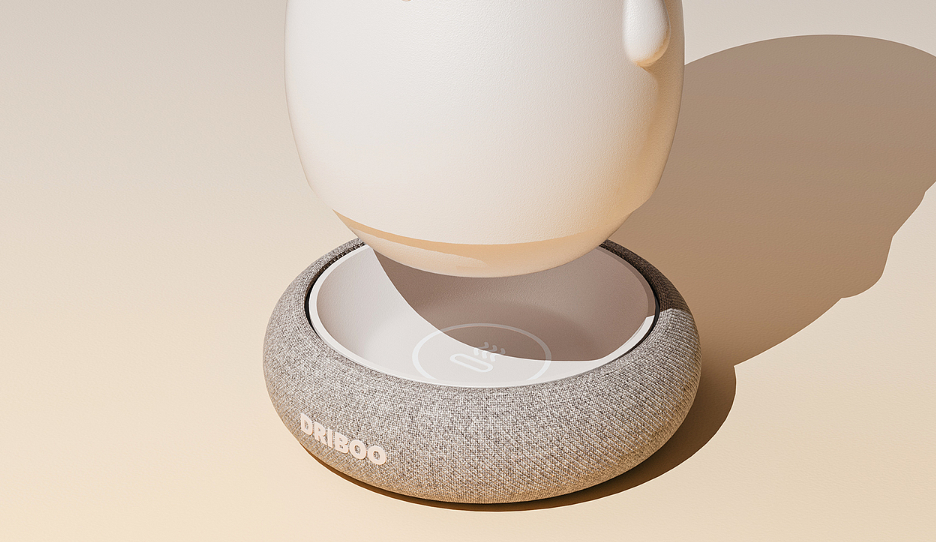 白色圆润设备悬停在带有无线充电标志的底座上方