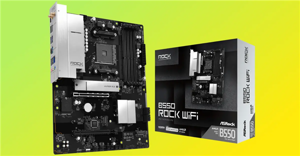 华擎B550 Rock WiFi主板及其包装盒合影，黑白配色包装印有产品型号
