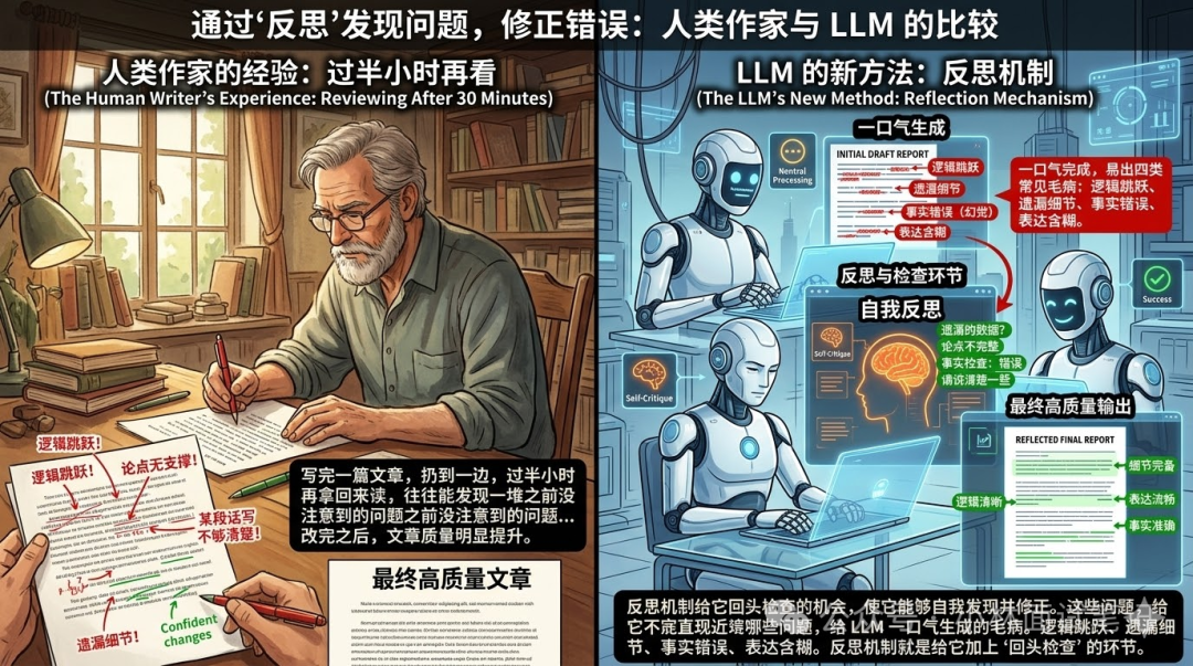 人类作家与LLM反思机制对比示意图