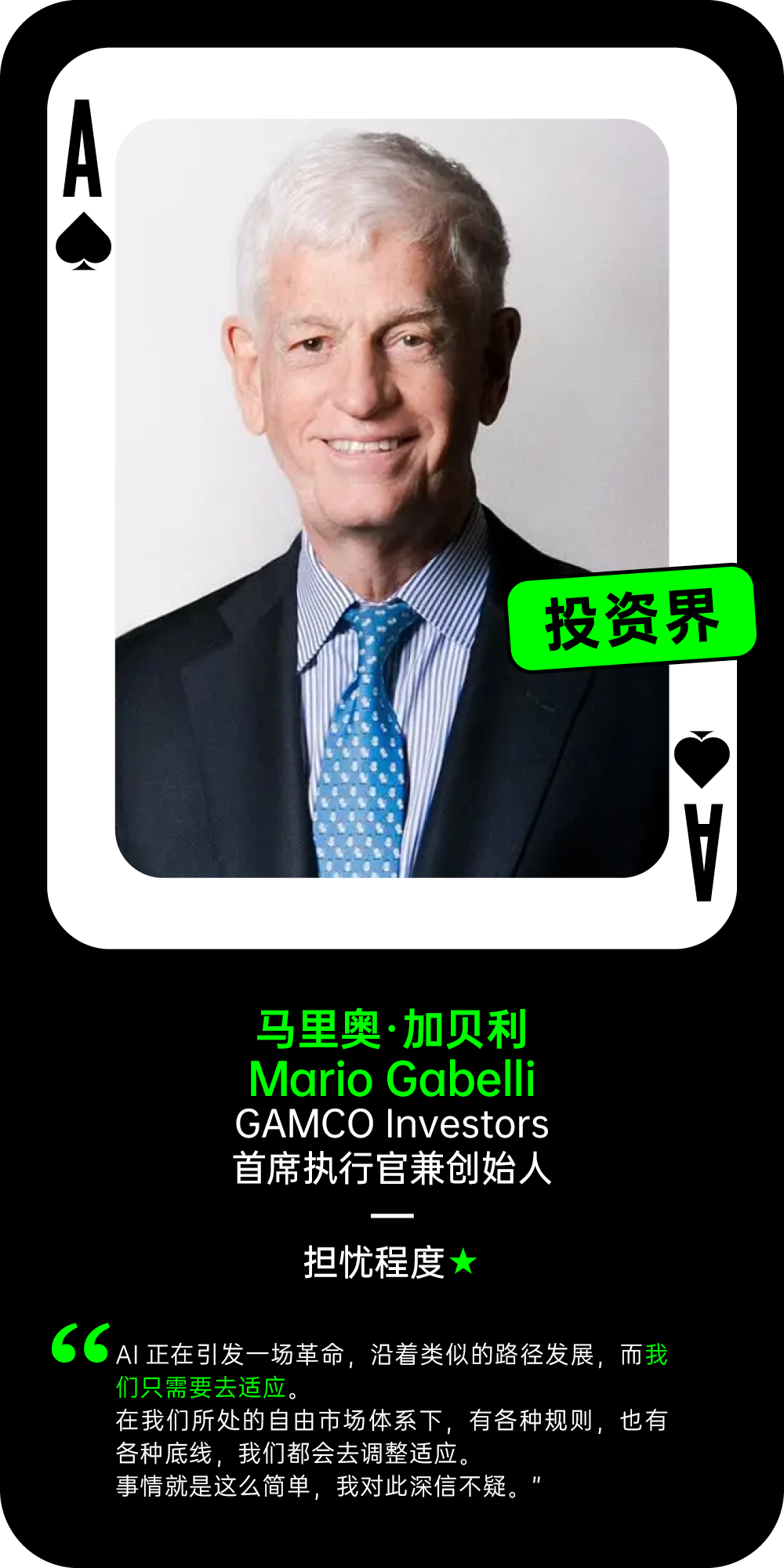 马里奥·加贝利关于AI泡沫的担忧程度观点卡