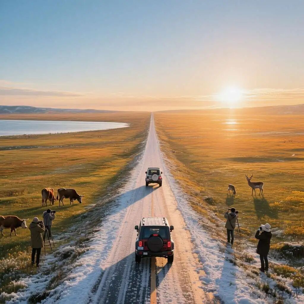 混元生成的日落时分草原雪路
