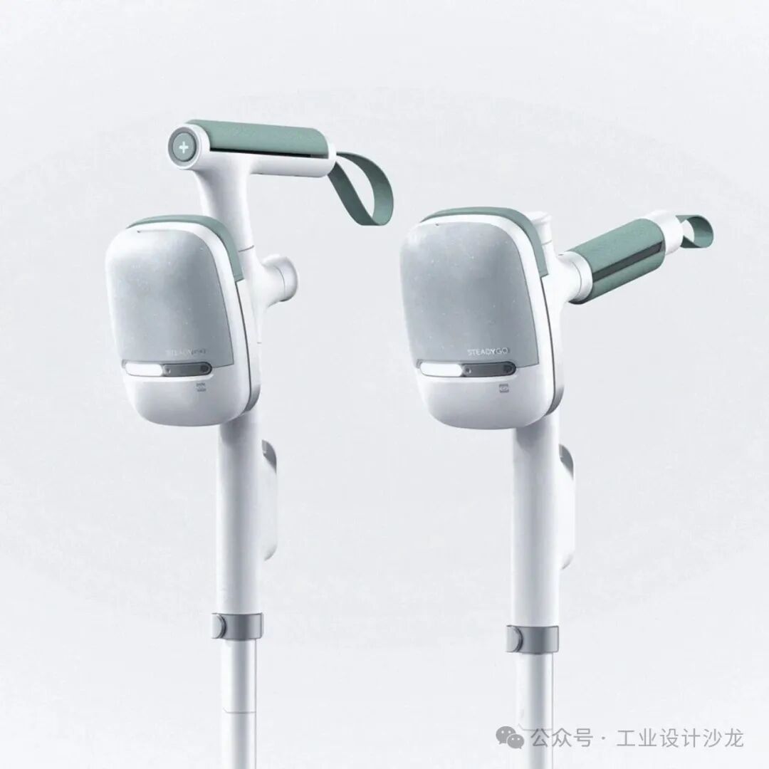 白绿配色的智能拐杖产品展示，机身印有 STEADYGO 品牌标识