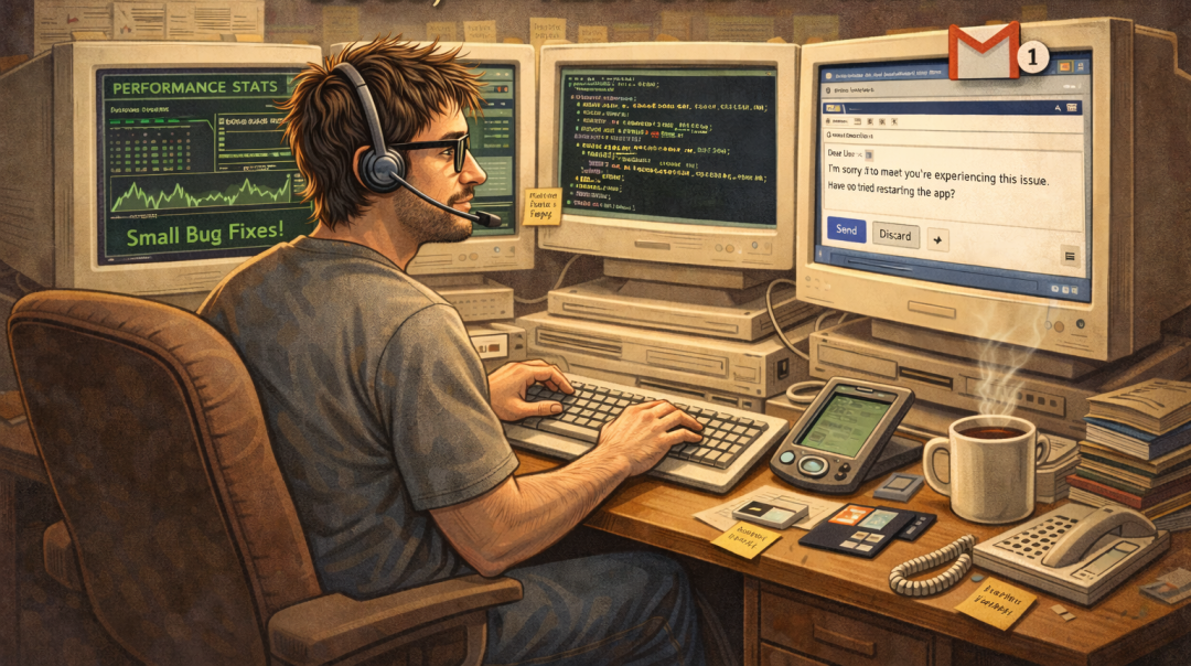 描绘程序员同时处理代码、邮件和 Bug 的复古卡通插画