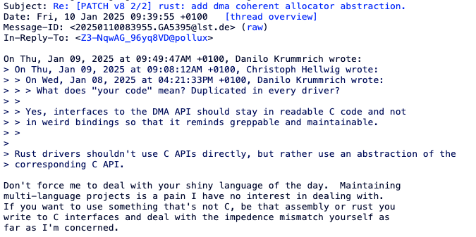 关于DMA API接口语言选择的邮件讨论截图