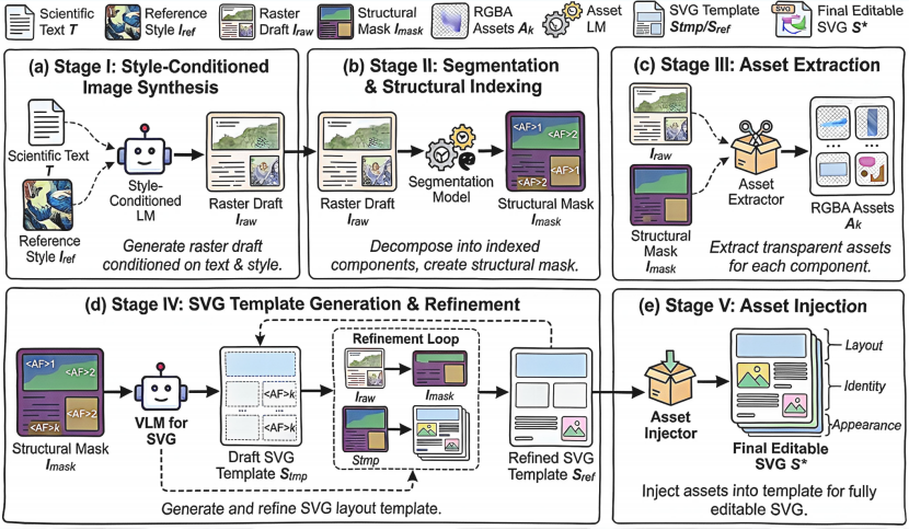 AutoFigure-Edit五阶段流程图：风格条件生图 → 分割与结构索引 → 资产提取 → SVG模板生成与精炼 → 资产注入
