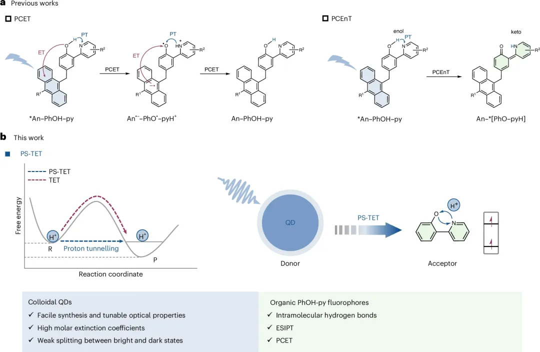质子穿梭辅助三重态能量转移 (PS-TET) 与先前PCET、PCEnT机制对比示意图