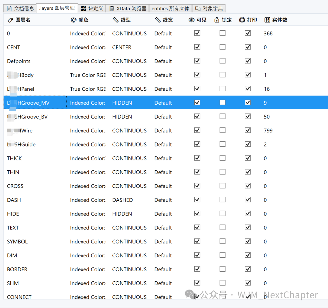 DWG文件图层管理界面，显示各图层属性与实体数量