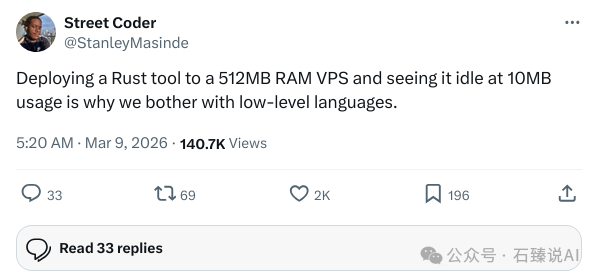 用户Street Coder的推文截图：在512MB的VPS上部署Rust工具，空闲仅占10MB内存