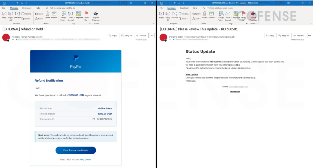 伪造的PayPal和亚马逊钓鱼邮件截图