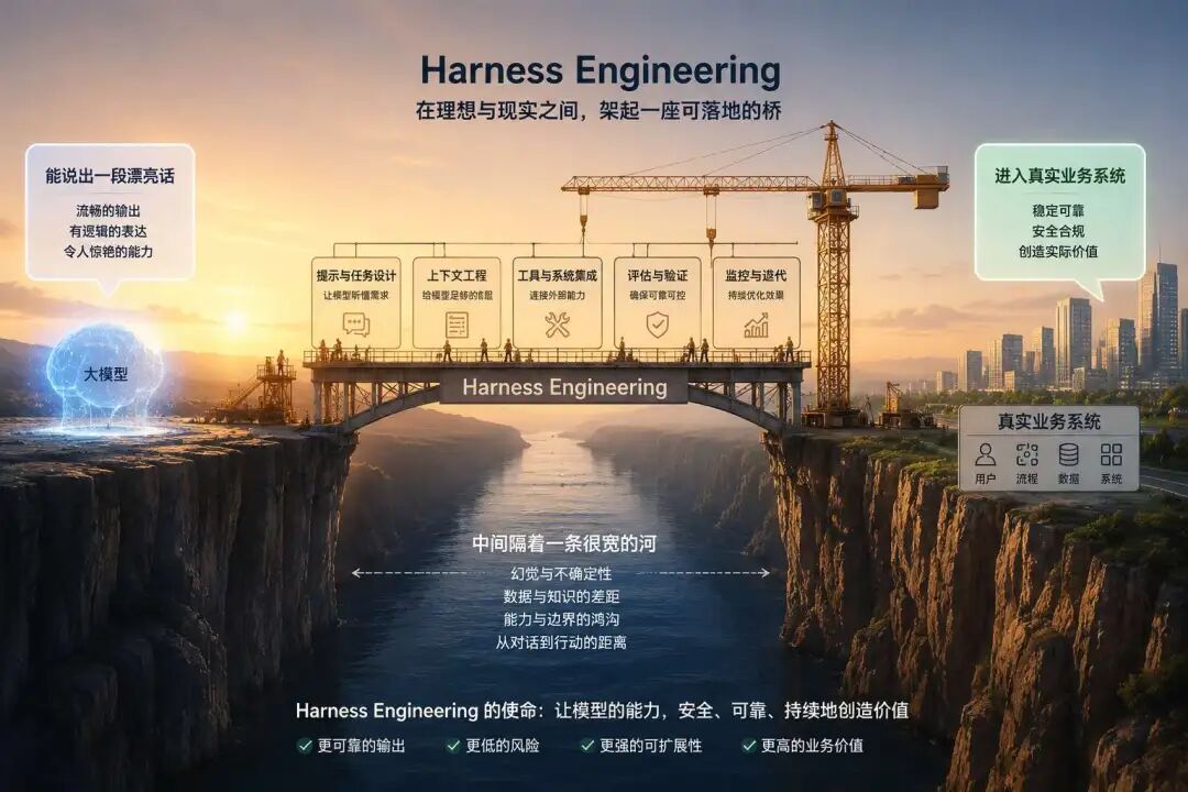 概念图:Harness Engineering如同架起一座桥,连接大模型能力和真实业务系统