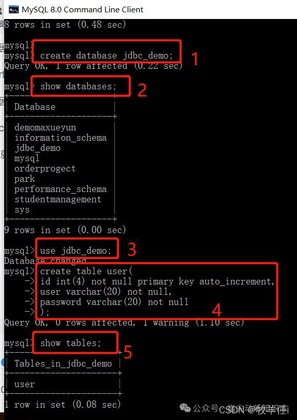 MySQL创建数据库及表操作截图