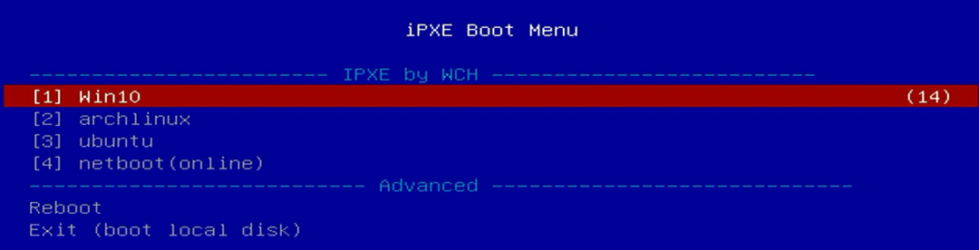 iPXE启动菜单，可选Win10、Linux等