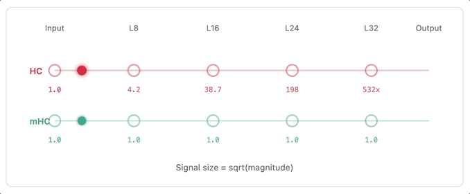 HC与mHC网络在信号传递过程中各阶段的放大倍数示意图