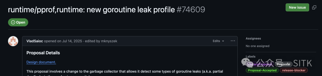 Goroutine泄漏检测器提案Issue截图