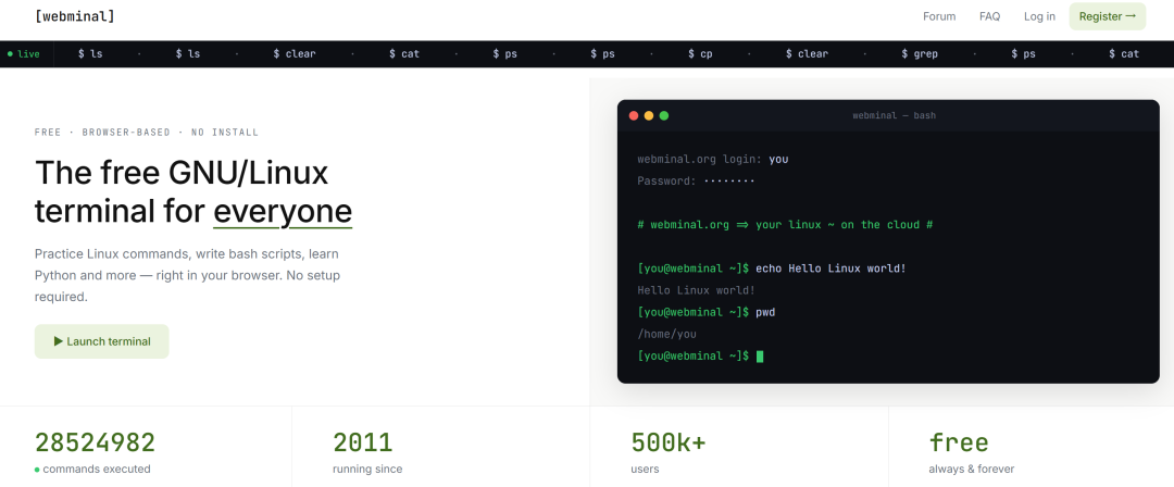 Webminal官方网站首页及终端界面示例