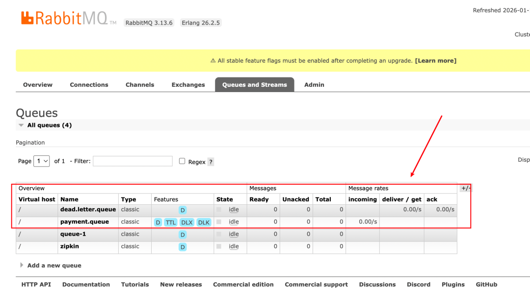 RabbitMQ管理界面队列列表截图