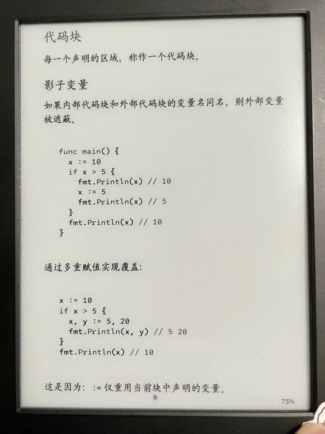 Kindle 上展示的代码块与影子变量内容