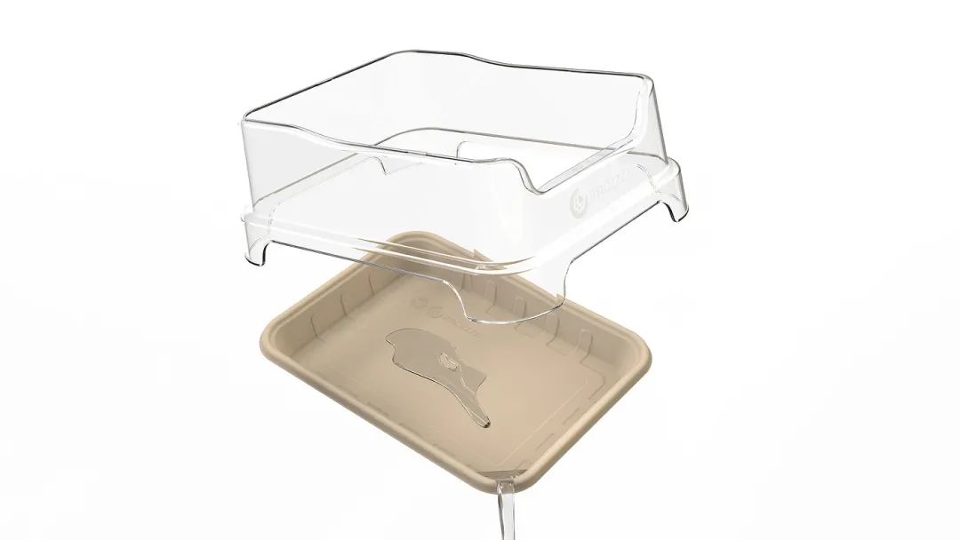 悬浮在米色托盘上方的透明塑料盖子展示