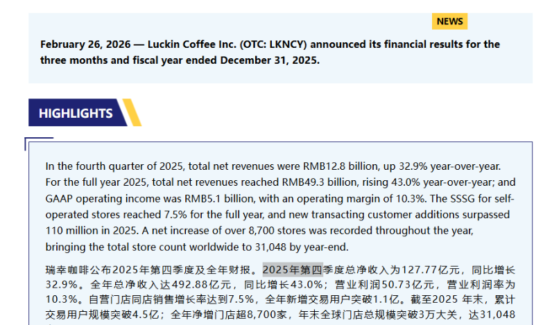 瑞幸咖啡2025年第四季度及全年财报关键数据截图