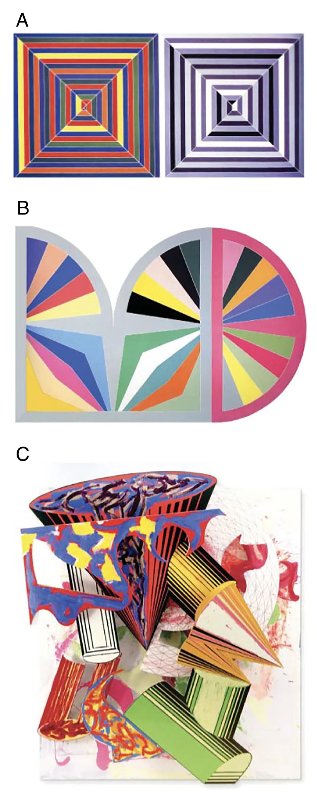 弗兰克·斯特拉艺术风格演变的三幅作品:《贾斯珀的困境》、《古尔三世》、《戈巴、扎帕与科洛托托》