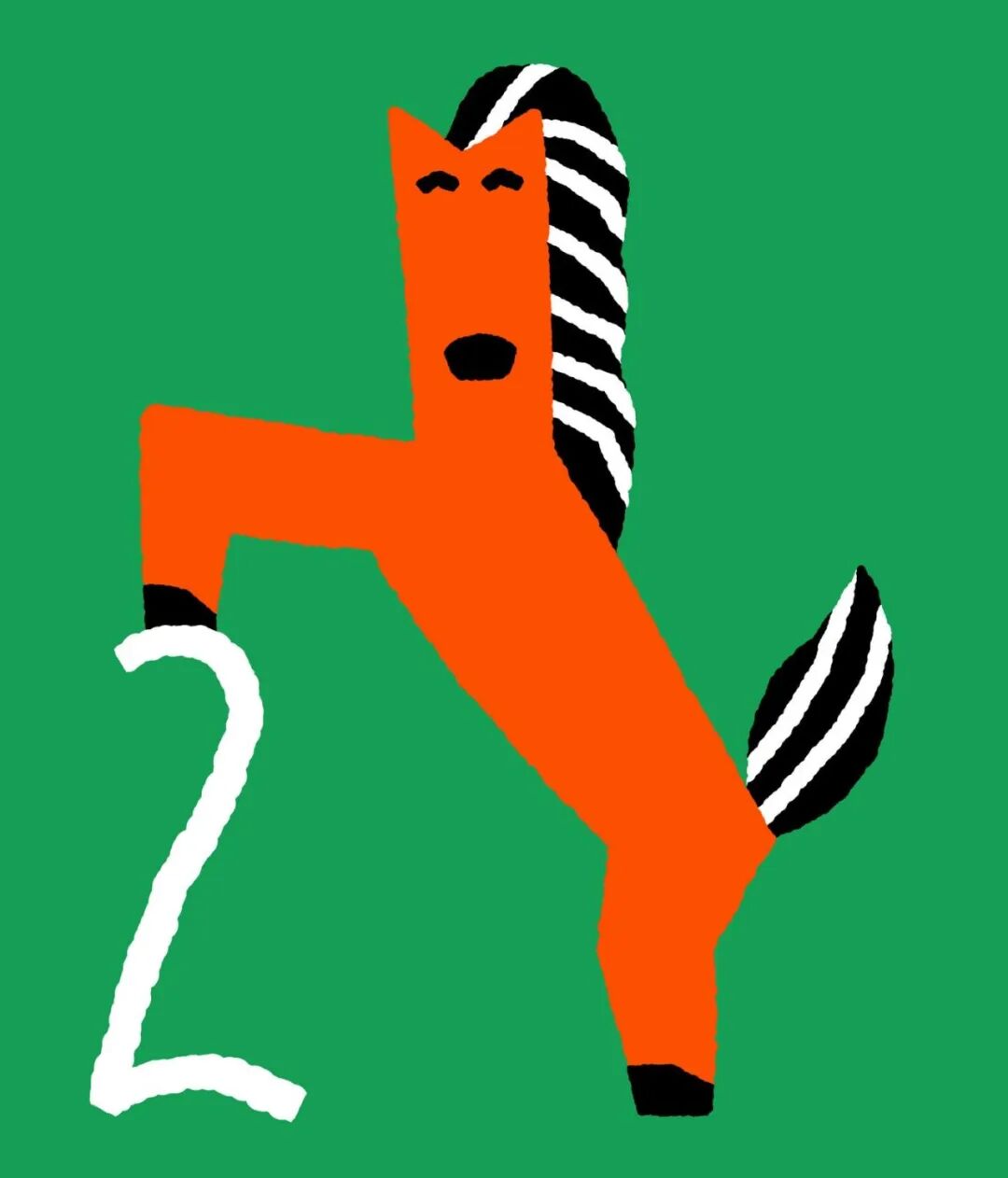 橙色斑马纹马单腿站立，表情夸张，背景纯绿，左侧标“2”
