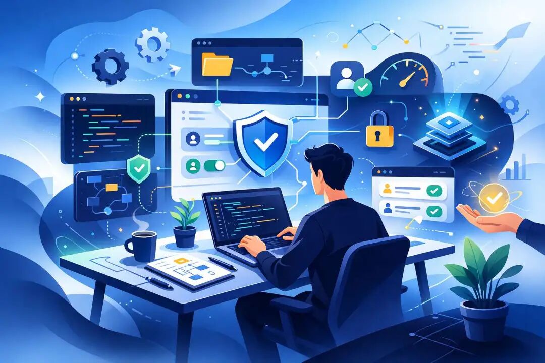 程序员在科技环境中工作,背景充满代码和网络安全元素