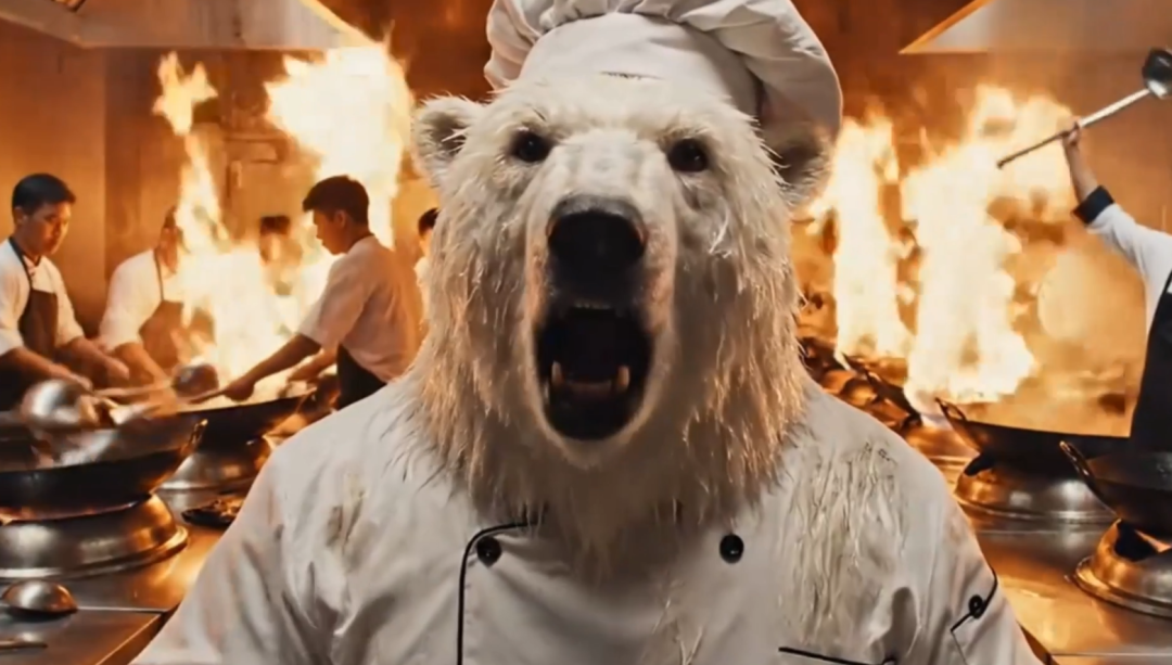 穿着厨师服的北极熊在火焰厨房中咆哮