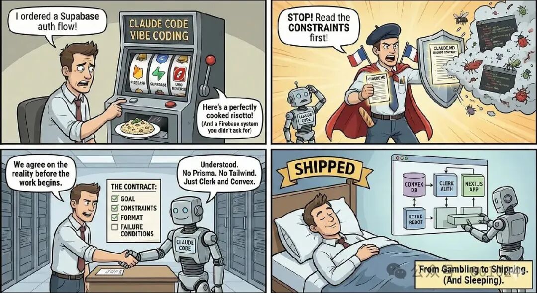 四格漫画展示从Vibe Coding到Prompt Contract的转变过程