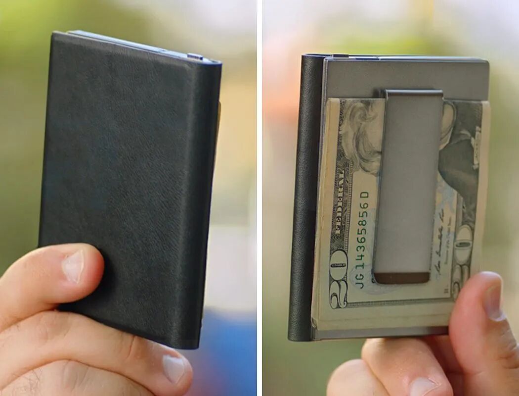 图片展示了一款黑色皮革质感的超薄钱包