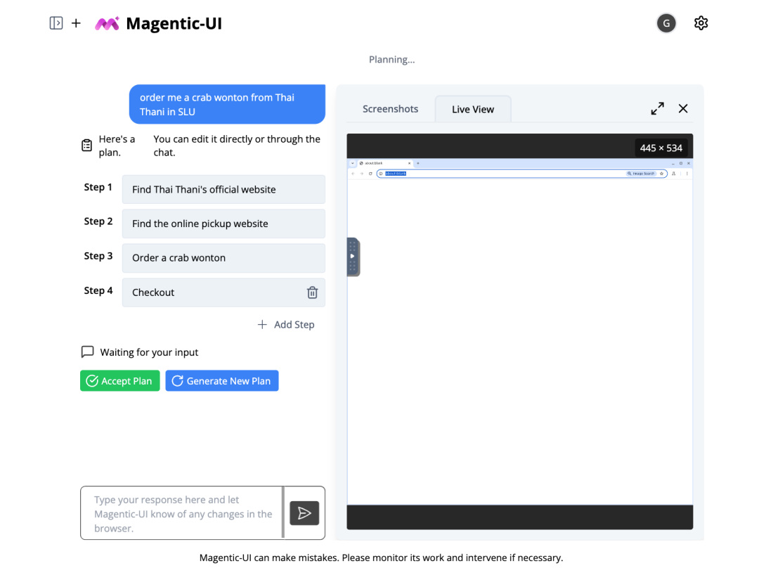 Magentic-UI 计划生成界面：AI根据用户请求，生成了从查找餐厅到下单结账的四个步骤