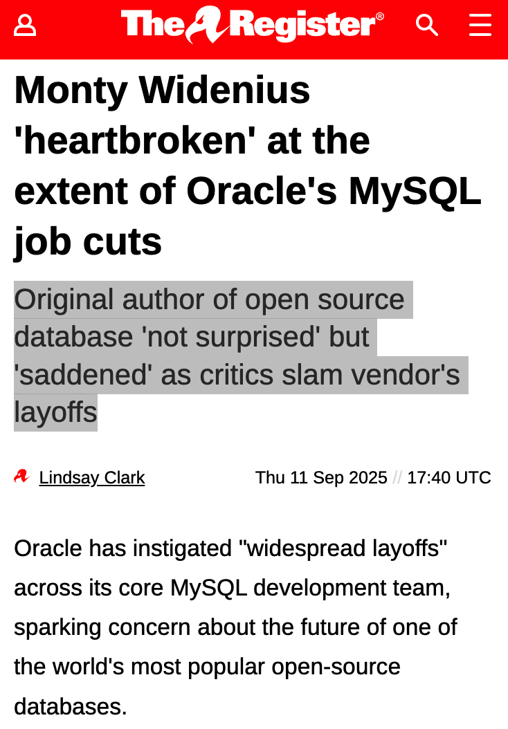 The Register报道Oracle MySQL裁员新闻截图