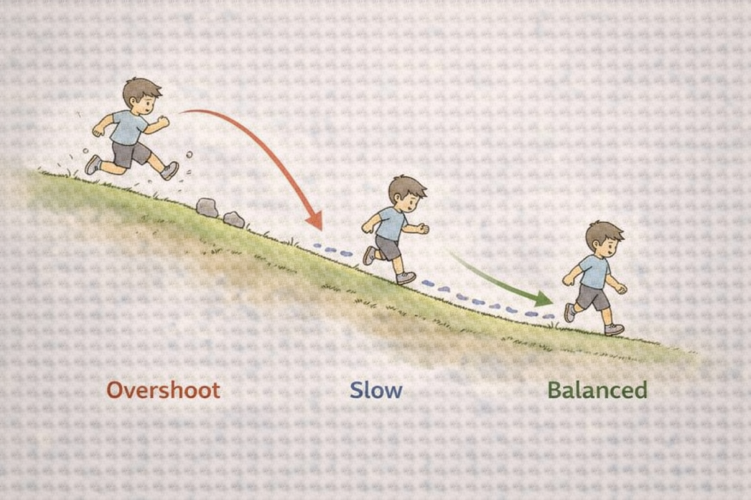 学习率比喻：下山步伐过大（Overshoot）、过小（Slow）与平衡（Balanced）