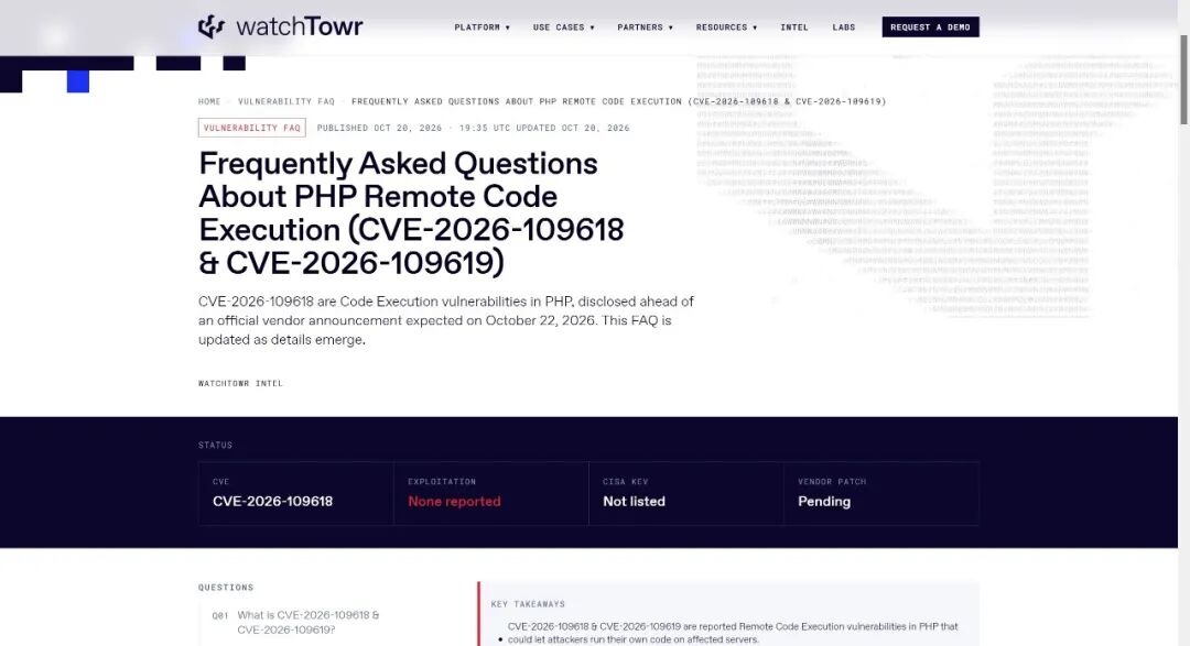 WatchTwr关于PHP远程代码执行漏洞CVE-2026-109618和CVE-2026-109619的FAQ页面截图