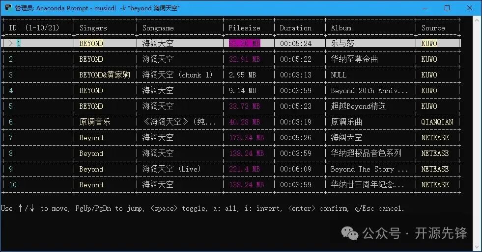 使用musicdl搜索“beyond 海阔天空”的结果界面
