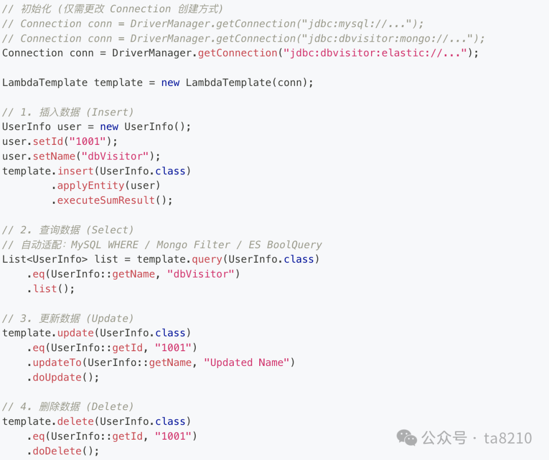 dbVisitor统一CRUD操作代码示例