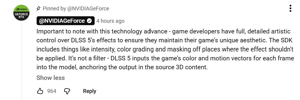 NVIDIA GeForce官方关于DLSS 5控制权的推文截图