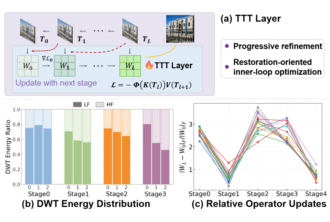 Figure 2:TTT内循环机制、目标状态DWT能量分布、不同图像诱导的权重更新相对幅度