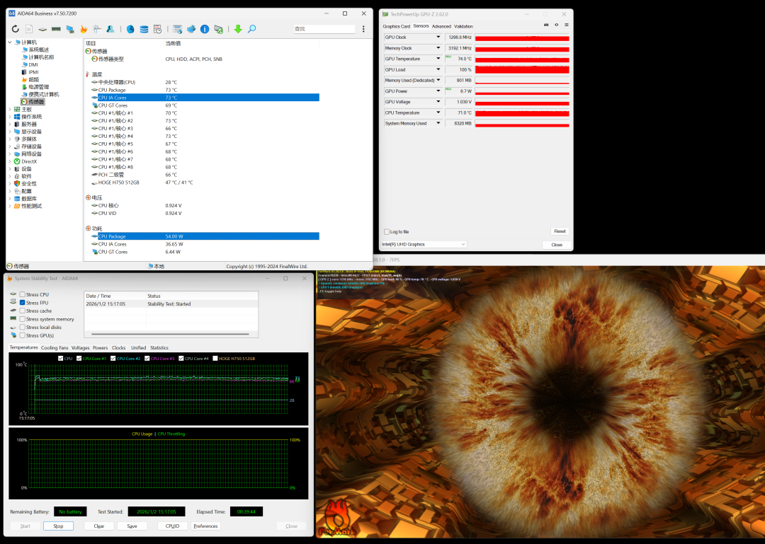 AIDA64、GPU-Z、XTU监控数据同屏截图