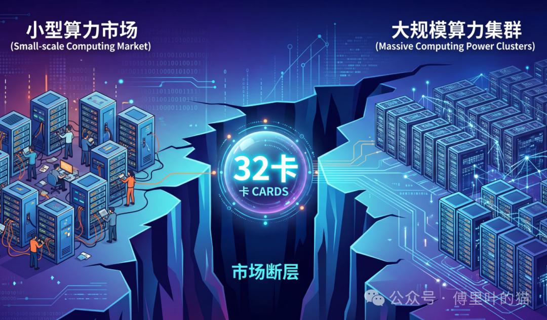 科技风插画展示AI算力市场断层：一侧小型算力市场与另一侧大规模算力集群之间被深谷隔开，谷底标注“市场断层”与“32卡”