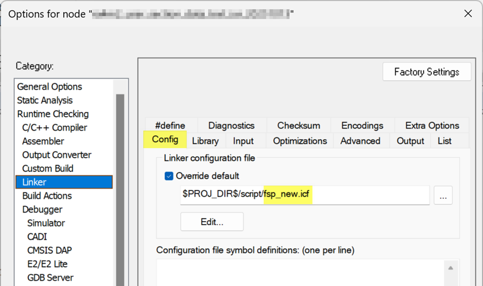 IAR 链接器配置中选择fsp_new.icf作为Linker configuration file