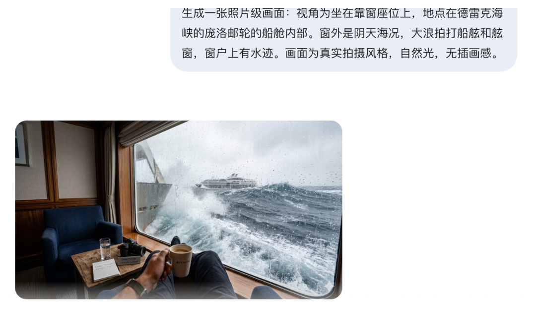 根据复杂地理与天气提示生成的船舱视角图