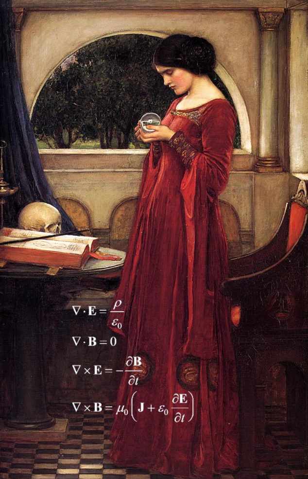 叠加了麦克斯韦方程组公式的古典油画