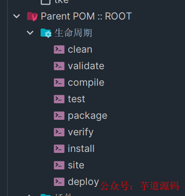 Maven 工具窗口中的标准生命周期列表